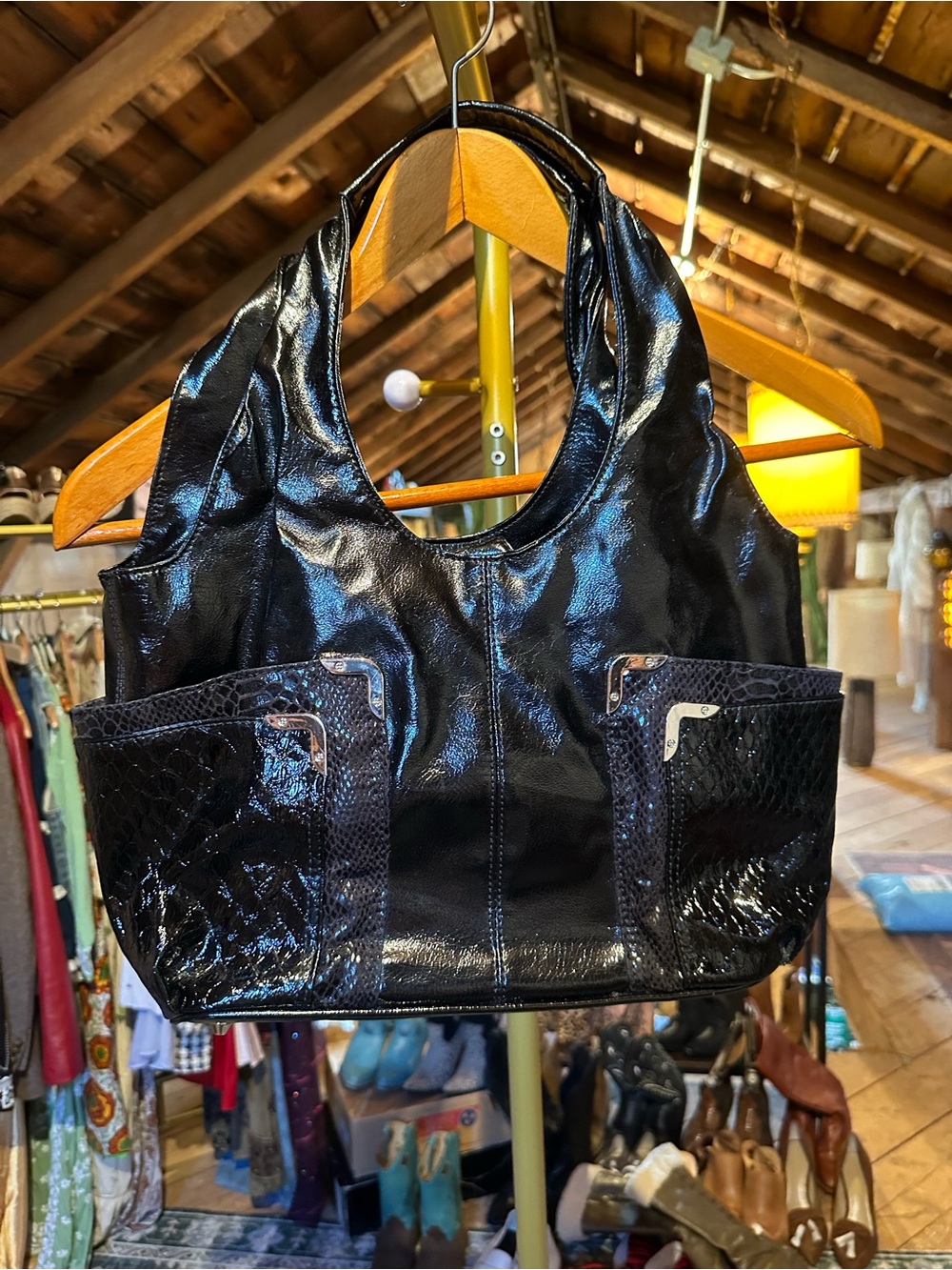 Braciano Black Patent Shoulder Bag with Textured Side Pockets